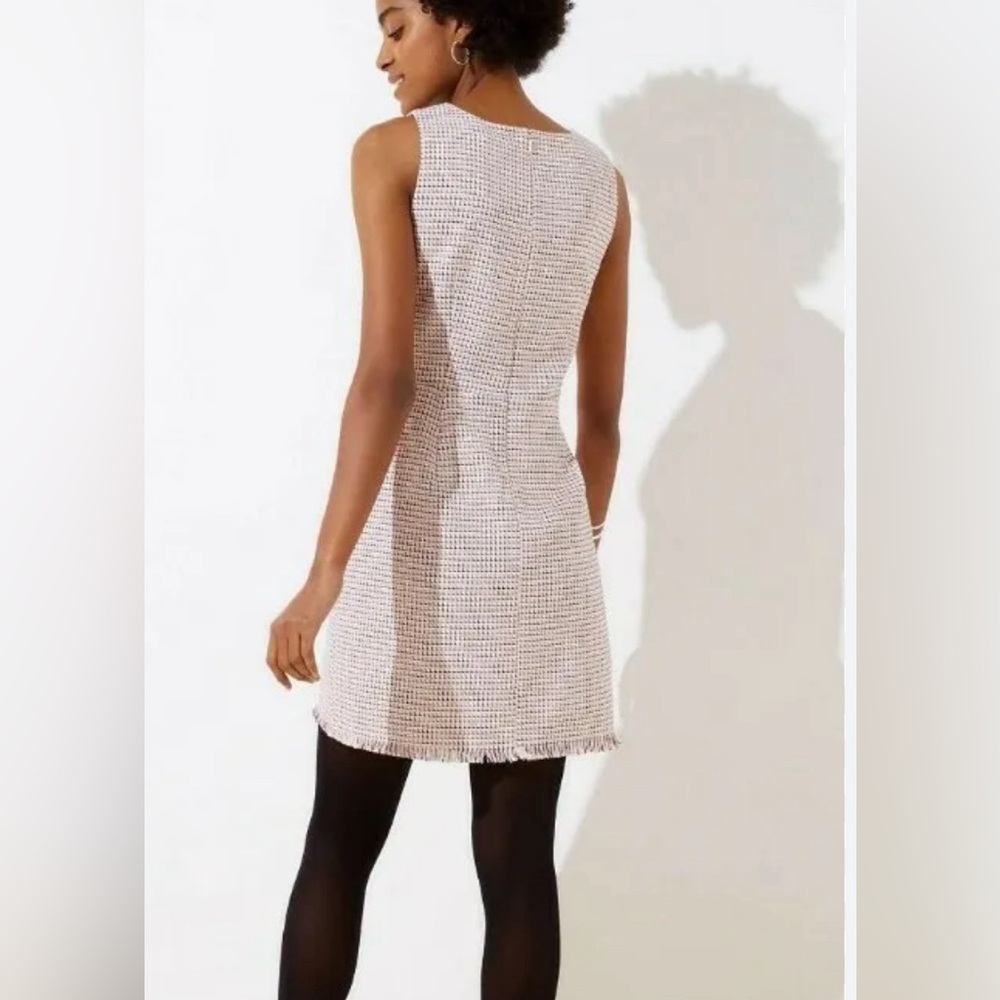 Ann Taylor Loft NEW Tweed Jacquard Fringe Hem Dress Pink White Printed Size 2